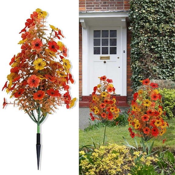 1*Ground Socket,Fall Artificial Plants Topiary Trees With Ground Set Of 2 Faux Shrubs Fall Leaves 17" Bushes Fall Decor Outdoor Porch Garden Autumn Thanksgiving Dec,Yellow Sunset Red Color Mix