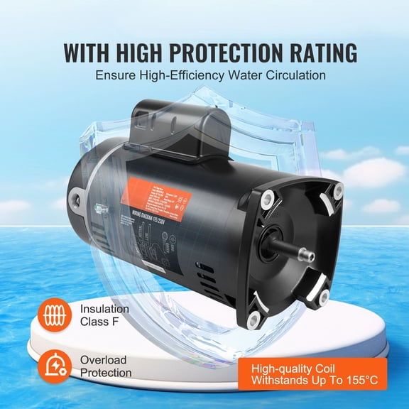 1 HP Replacement Pool Pump Motor, 56Y Frame, 3450RPM, 115V/230V, Square Flange, 90F Capacitor