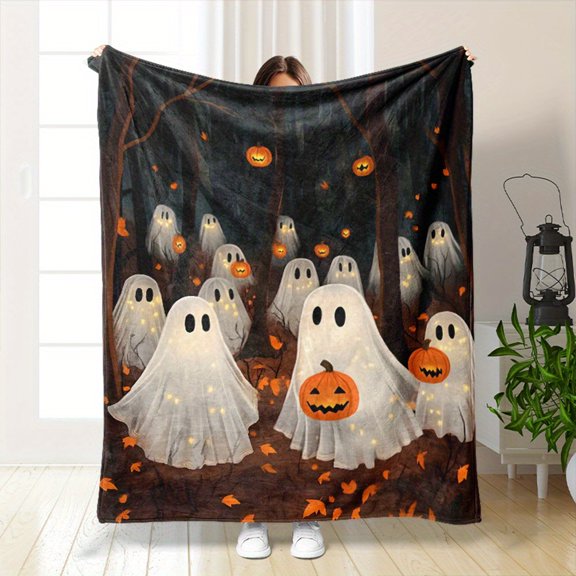1 Halloween & Pumpkin Lantern Flannel Blanket - Cozy, Soft, and Warm Throw with Spooky Autumnal Design for Sofa, Bed, Car, Office, Camping & Travel - Ideal All-Season Gift, Halloween Decorations