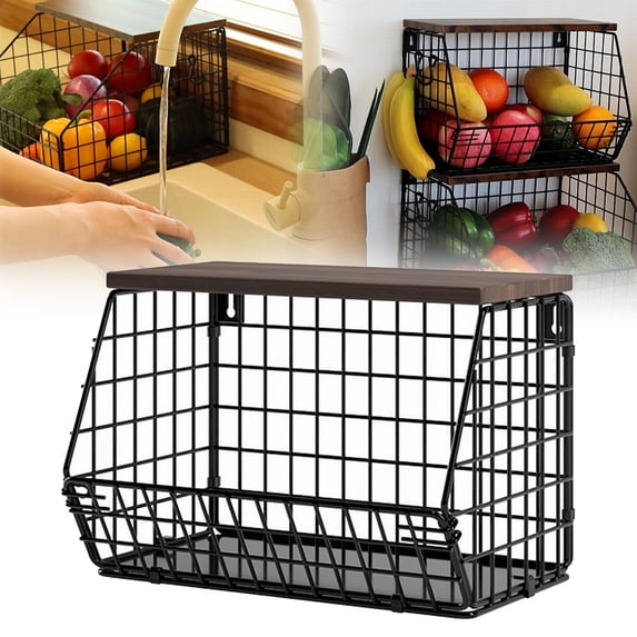 1*Hanging Basket Fruit Basket Stackable Wall Mounted Fruit Baskets Potato Basket Onion Storage for Kitchen Hanging Wire Basket with Wood Lid