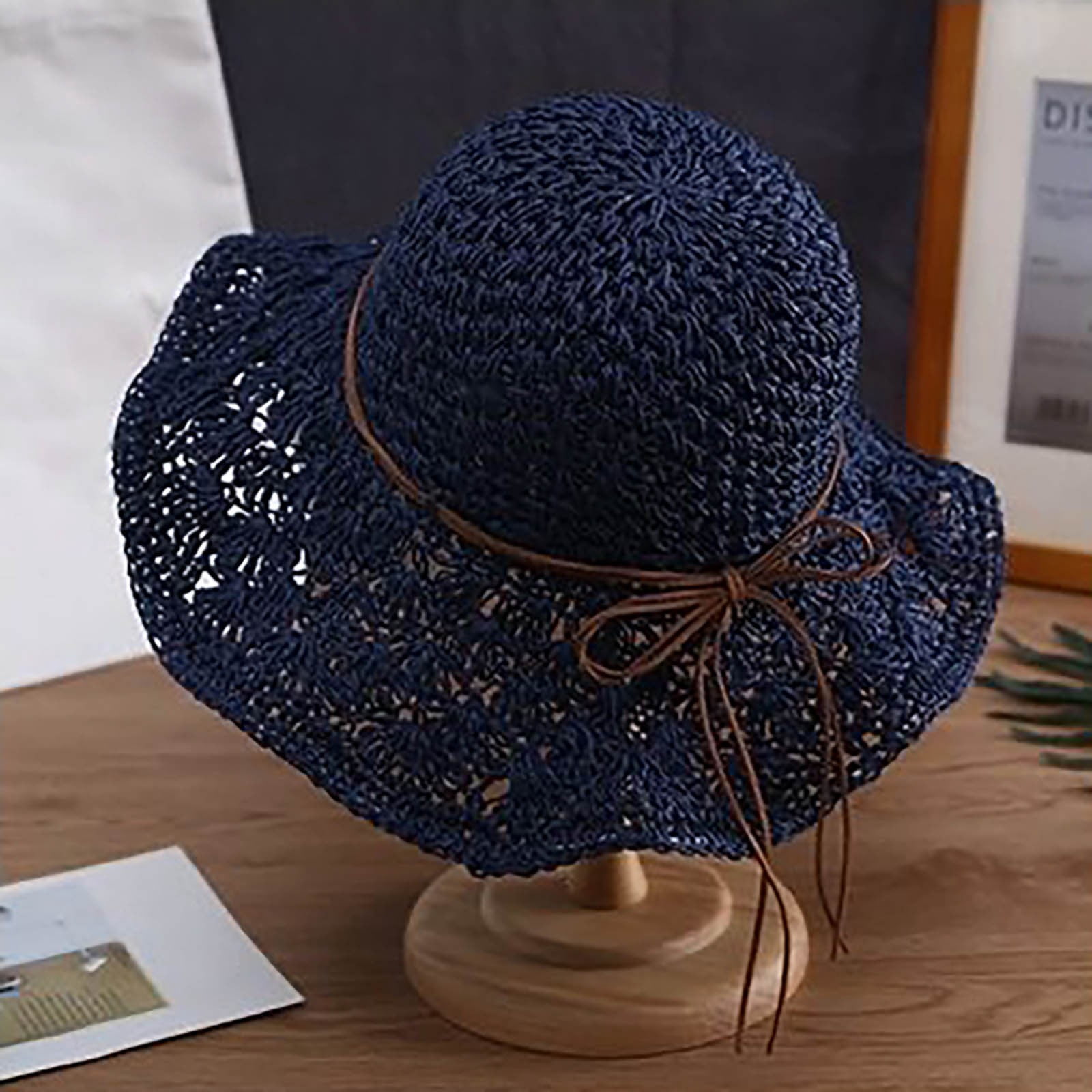 Women\'s Floppy Sun Hat Summer Wide Brim Cap Straw Hat, Blue Blue White Stripe Floppy Straw Foldable Sun Beach Hat for  main image 2