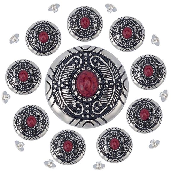 1-Hole Alloy Cat eye Turquoise Decorative Rivets Flat Round with Leaf Pattern for DIY Luggage and Hardware Accessaries Red 30x11~11.8mm
