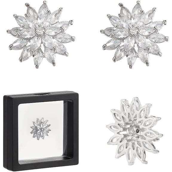 1-Hole Brass Micro Pave Clear Cubic Zirconia Shank Buttons Flower Platinum 21.5x21.5x8.5mm Hole: 1.2mm 4pcs/set
