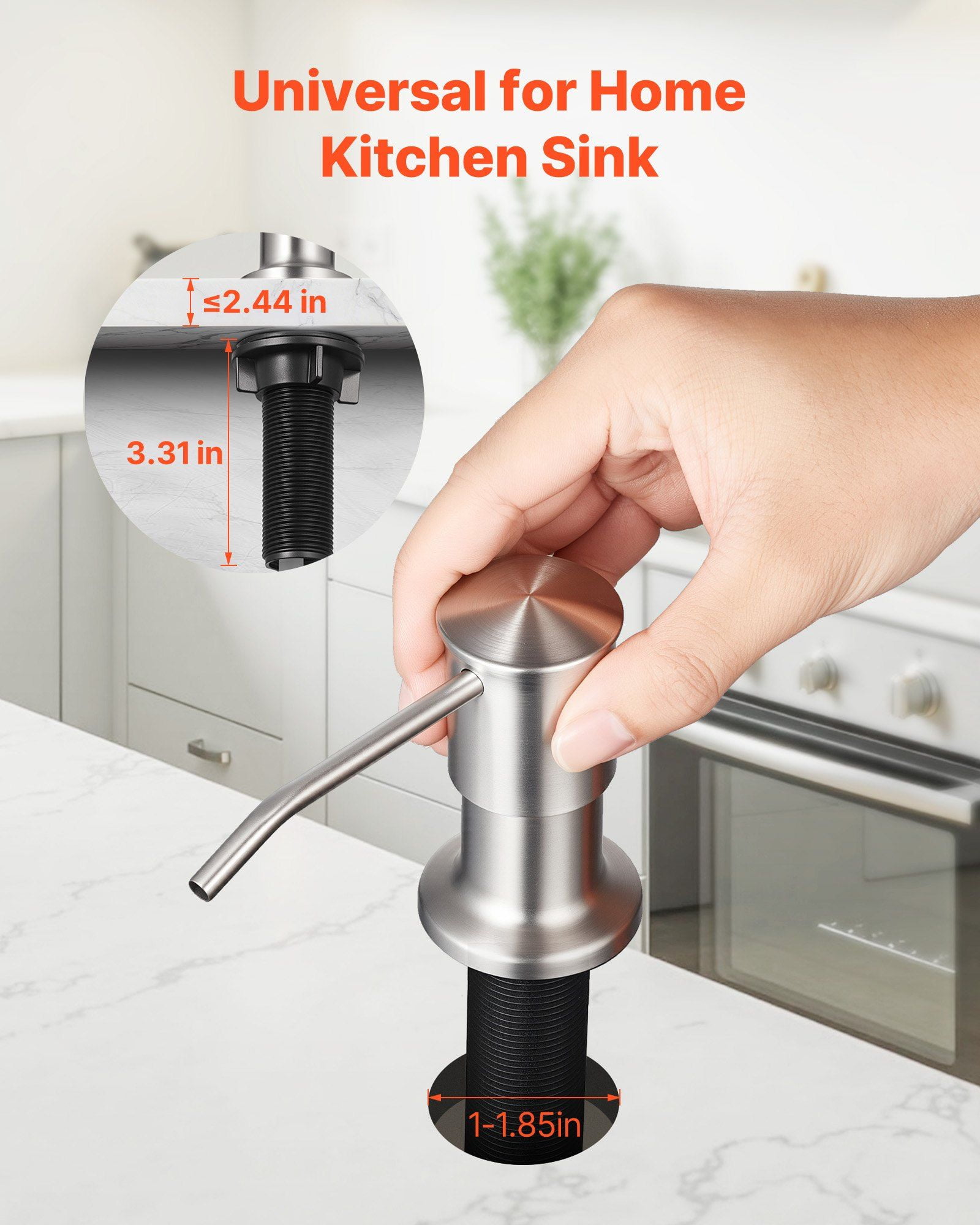 1-Hole Built-In Soap or Lotion Dispenser, Brushed Nickel Stainless Steel Finish, for Kitchen Countertop