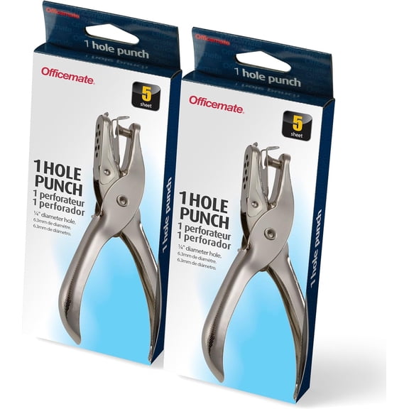 1 Hole Punch, 5 Sheet Capacity, Comes in 2 Pack, Silver (90073)