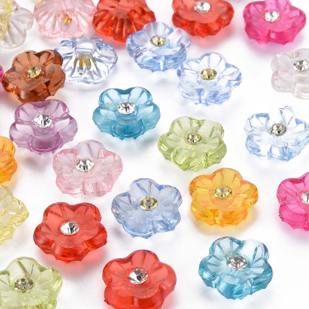 1-Hole Resin Buttons with Crystal Rhinestone 5 Petals Flower Mixed color 15x15.5x6.5mm Hole: 1.6mm