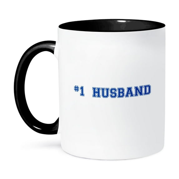 3dRose, #1 Husband - Number One award for worlds greatest and best husbands - blue text Wedding anniversary, 15oz Two-Tone Black Mug
