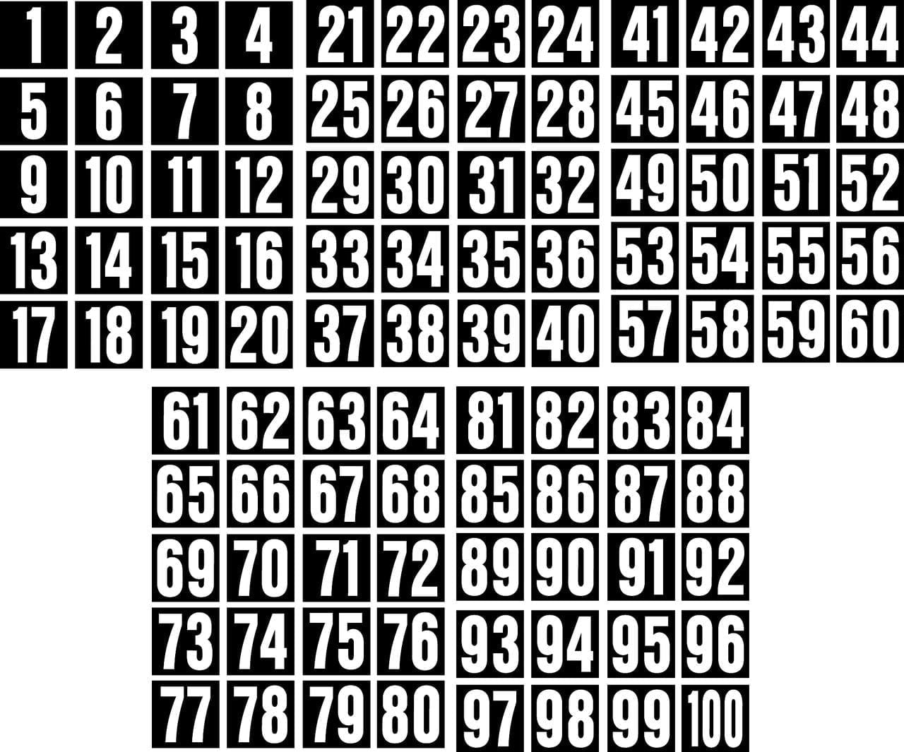 1 INCH CONSECUTIVE NUMBER DECALS / STICKERS 1-100 WHITE ON BLACK