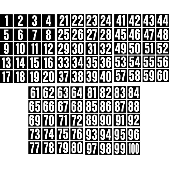 1 INCH CONSECUTIVE NUMBER DECALS / STICKERS 1-100 WHITE ON BLACK