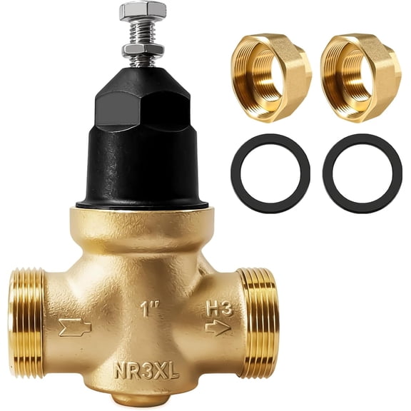 1 Inch 1-NR3XL Pressure Reducing Valve with Stainless Steel Screen,2 gaskets,Dual Union NPT Connections,Brass Water Pressure Regulator Compatible with for House/Commercial Water Supply