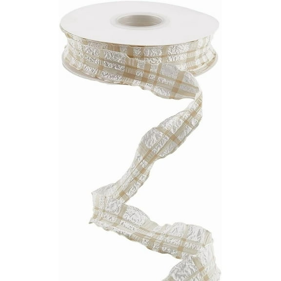 1 Inch 10 Yards Beige Ruffle Edge Plaid Ribbon Checkered Double Sided Ruffled Pleated Gingham Chiffon Trimming Lace Decorative Trim