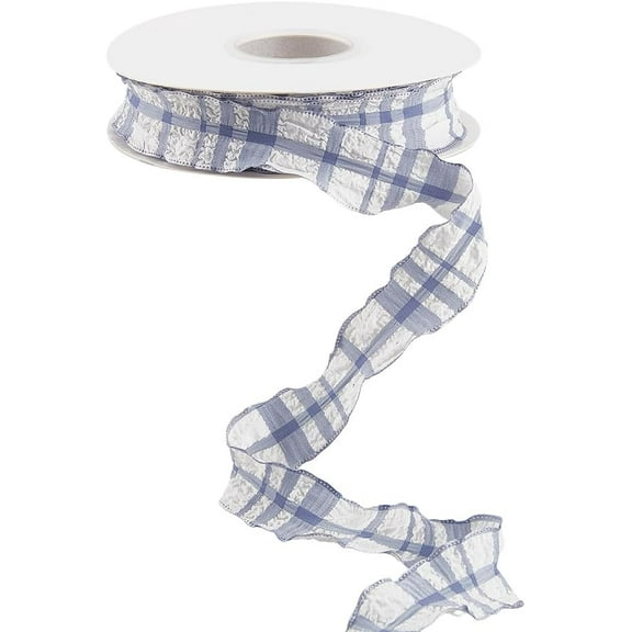 1 Inch 10 Yards Light Blue Ruffle Edge Plaid Ribbon Double Side Ruffled Checkered Chiffon Gingham Edging Chiffon Trimming Lace Trim for Gift Wrapping Invitations Bouquets DIY Craft Supply