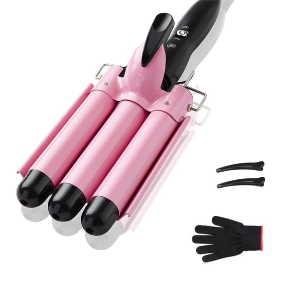 1-Inch 3 Barrel Curling Iron Hair Waver, Ceramic Beach Waves Crimper Tool, Pink