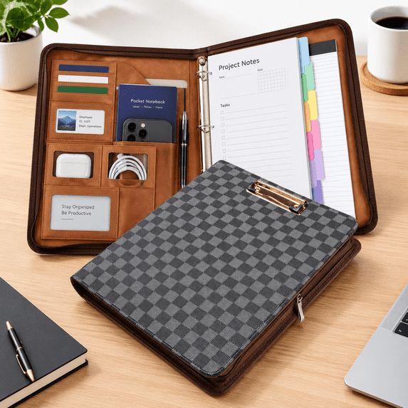 1 Inch 3 Ring Binder Portfolio with Zipper Storage, Black Grid, Letter ...