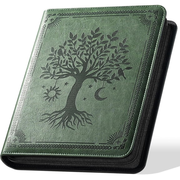1 Inch 3 Ring Binder with Zipper, PU Leather Round Ring Binder Portfolio Holds 200 Sheets 8.5"x11" Letter Size Paper, Wedding Family History Notebook Cover Loose Leaf Organizer, Green Tree