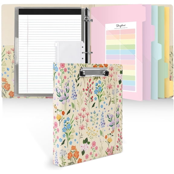 1 Inch 3-Ring Binder with Clipboard, PU Aesthetic Binder with 5 Dividers, Notepad, Stickers & Pockets for Work and School (Letter Size)