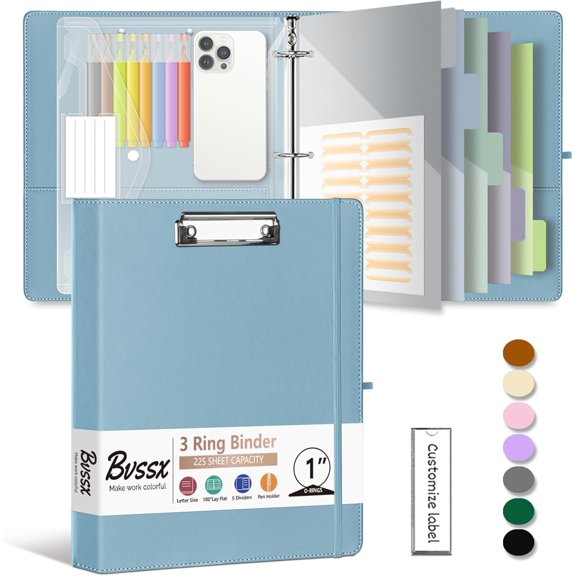 1 Inch 3 Ring Leather Binder Organizer, Three Binders with Clipboard, Plastic Folder, 5-Tabs Pocket Dividers Sticker Labels, Pen Loop, Elastic Strap (Blue, Letter Size)