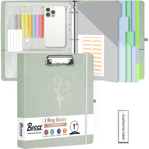 1 Inch 3 Ring Linen Binder Orizer, Three Binders with Clipboard, Plastic Folder, 5-Tabs Pocket Dividers Sticker Labels, Pen Loop, Elastic Strap (Sau, Letter Size)