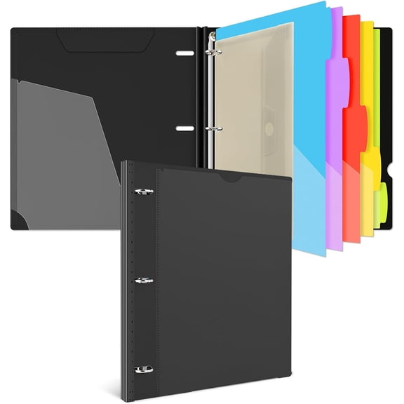 INFUN 1 Inch 3-Ring Telescoping Project Organizer Binder,13 Pocket, Customizable Front Cover, 5 Colors Pocket Divider and Plastic Binder Pocket225 Sheet Capacity-Black