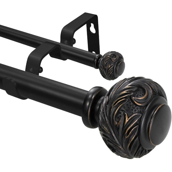 1 Inch Black Double Curtain Rod with Floral Carved Ball Finials, Tension Mount Adjustable 84-120 Inches, Modern Design for Bedroom & Home