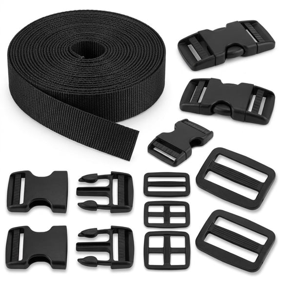 1-Inch Buckle and Strap Kit, Heavy Duty Polyester Webbing Roll 6 Yards, 6 Side Release Buckles 12 Triglides, DIY Repair for Backpack Kayak Mattress Strap Down, Black