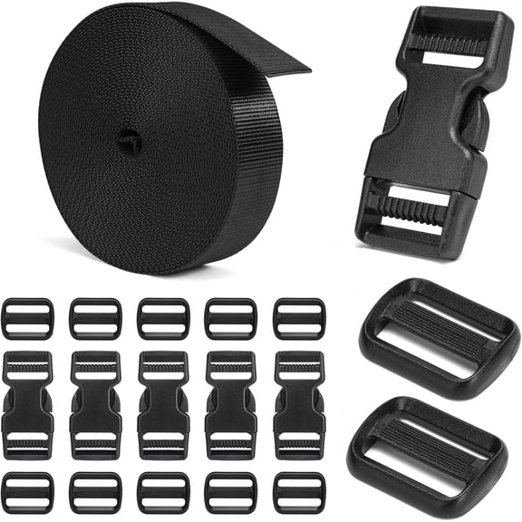 1 Inch Buckles and Straps Set: 6 Yards Nylon Webbing, 6-Pack Heavy Duty Side Release Buckles, 12 Tri-Glide Slides, Black - Repair Kit for Bags, Belts, Pet Collars, Slings & Outdoor Gear