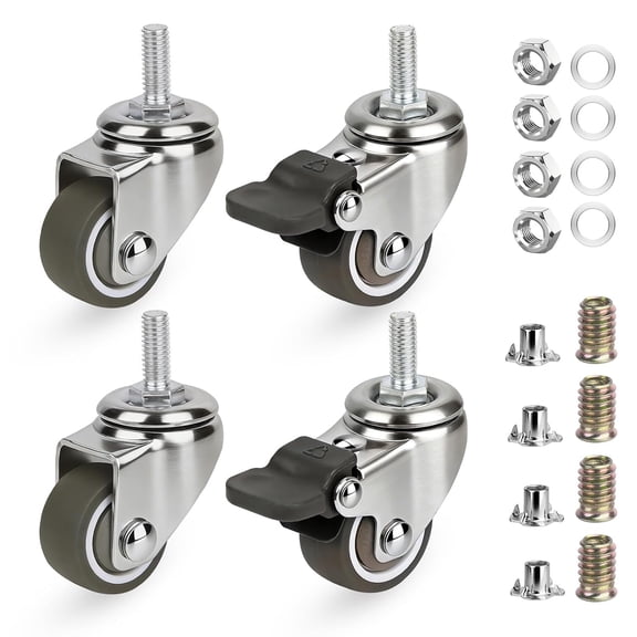 1 Inch Caster Wheels with Threaded Stem, Metric M6*15 mm Screw Swivel Casters Brakes, Set of 4 Non-Marks Small Rubber Replacement for Furniture, Carts, Desks, Wire Shelving