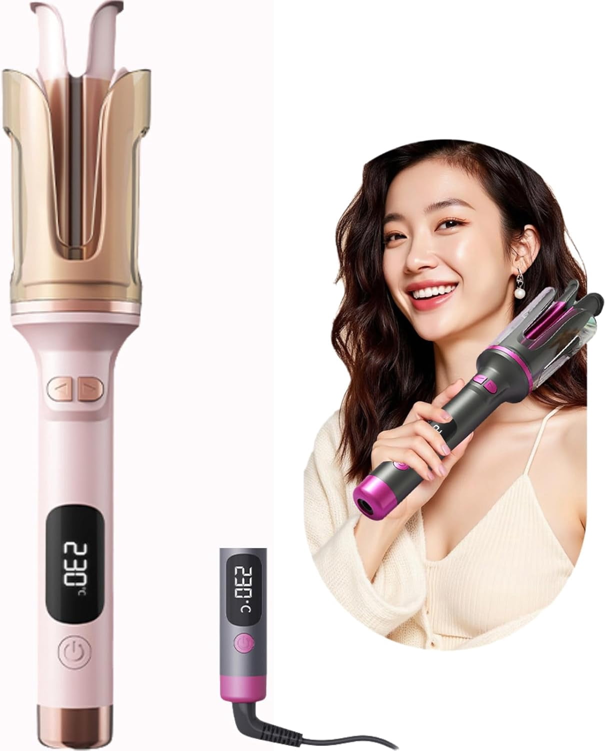 1 Inch Curling Iron Automatic Rotating Long Hair Curler with Digital Display Beach-Waves Curling Wand with 6 Temp, 500 Million Ionic, 100-240v Voltage & Lightweight for Travel (White)