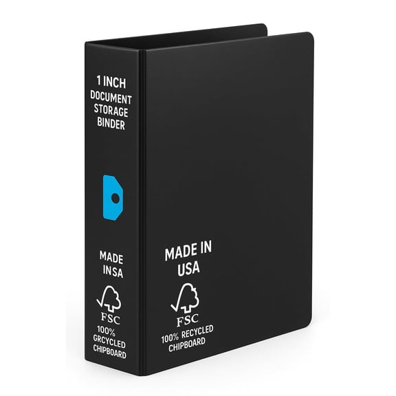 1 Inch Document Storage Binder, Heavy Duty 1 LB+, Black, 3 Round Rings, Made in USA, FSC Certified 100% Recycled Chipboard, Eco-Friendly Office Binder for Documents 11300