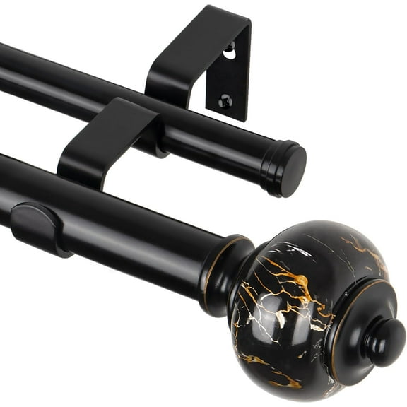 1 Inch Double Curtain Rod 36 to 72 Inches (3-6ft) Black Telescoping Curtain Rods for Windows, Heavy Duty Dual Drapery Rods with Marbled Finials