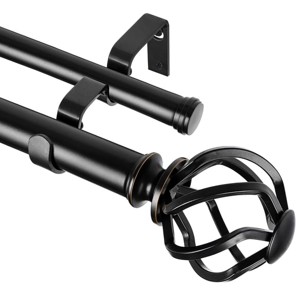 1 Inch Double Curtain Rod 72 to 144 Inches (6-12 Feet), Black Rods for Windows 66 120, Heavy Duty Telescoping Drapery with Twisted Cage Finials