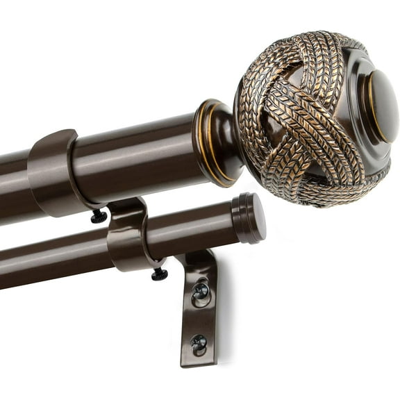 1 Inch Double Curtain Rods 72 to 144 Inches (6 to 12 ft), Bronze Drapery Rods for Windows 69 to 140 Inches, Telescoping Dual Curtain Rod with Woven Leaf Finials