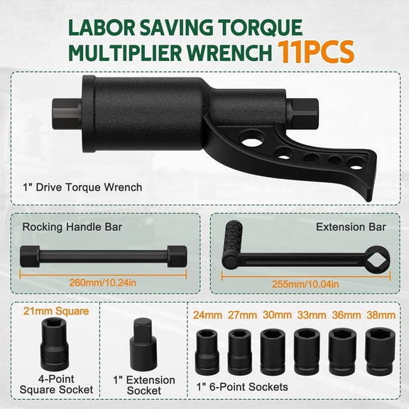 1 Inch Drive Heavy Duty Torque Multiplier Set with 8 Sockets and Extension Rod, 11Pcs Lug Nut Remover Wrench for Truck Semi Truck RVs Buses