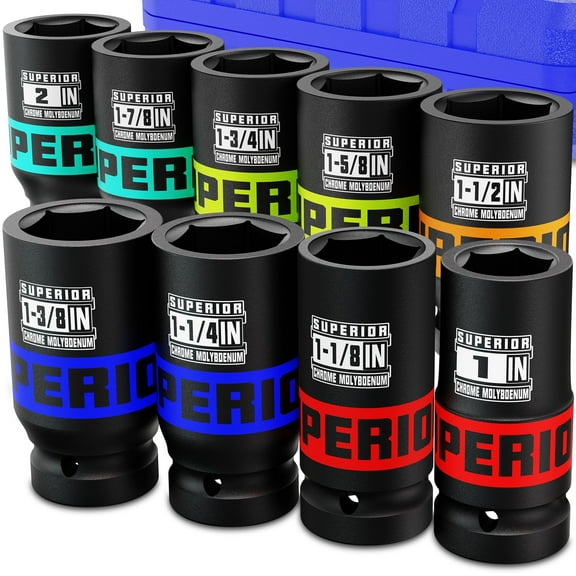 9 Piece 1" Drive Deep Impact Socket Set, 1 Inch - 2 Inch, SAE, 6-Point Design, Heavy Duty CR-MO, Truck Tire Service, Mechanical Equipment Maintance