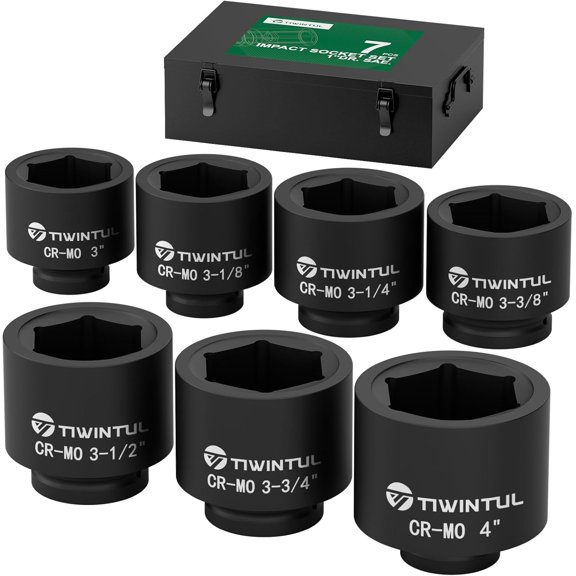 1-Inch Drive Socket Set, 7-Piece, SAE, 3", 3-1/8", 3-1/4'', 3-3/8", 3-1/2",3-3/4", 4" Shallow Spindle Axle Nut Socket, Jumbo Impact Socket Set with Metal Case for Trailer & Heavy Equipment