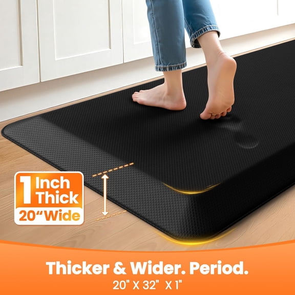 1 Inch Extra-Thick Black Kitchen Mat - 20"x32" Anti-Fatigue Non-Slip Waterproof Standing Mat for Kitchen & Office