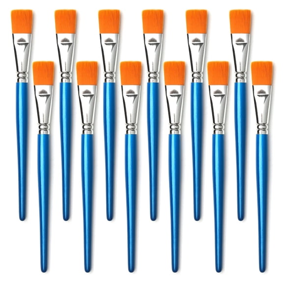 1 Inch Flat Paint Brushes for Acrylic Oil Watercolor, 12 Pack Synthetic Bristle Art Brushes with Wood Handle, Painting Supplies for Canvas Face Body Crafts, Blue
