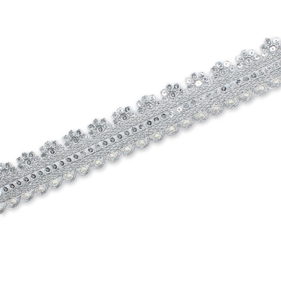 1 Inch Floral Striped Corded Sequin Mesh Trim By The Yard For Sewing, Crafts, Decor, & Upholstery - Silver 1 Pack (9.8 Yards / 9 Meters)