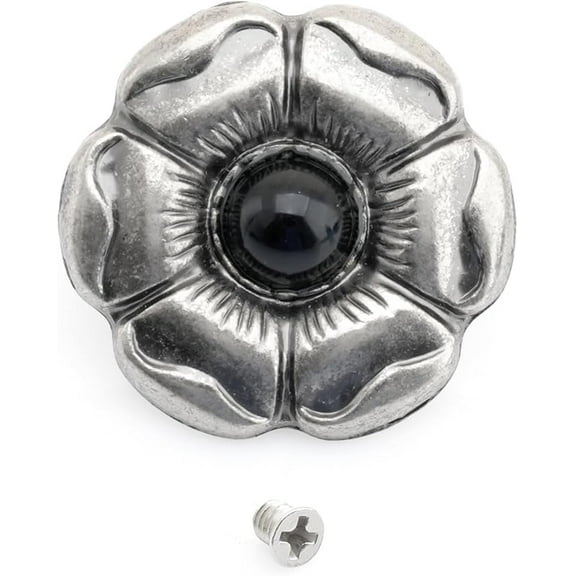 1 Inch Flower Concho with Screw Back, Gemstone Center 2-Pack S550 (Silver-Black)