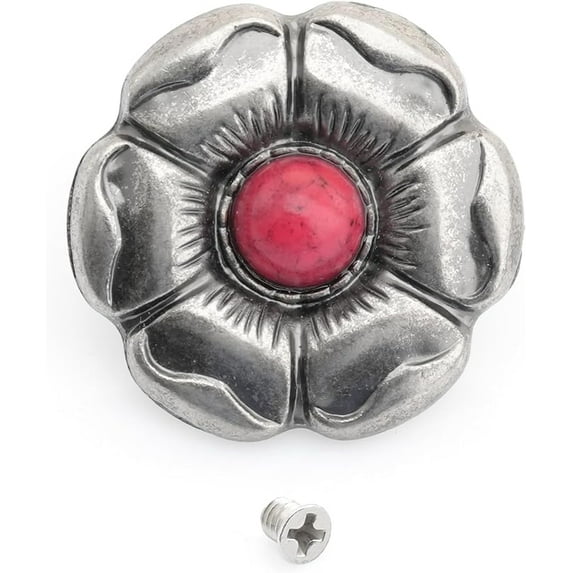 1 Inch Flower Concho with Screw Back, Gemstone Center 2-Pack S550 (Silver-Red)
