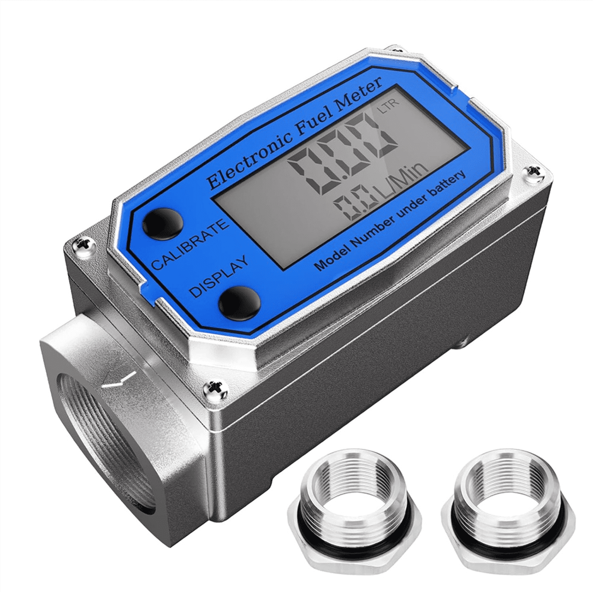 1 Inch Fuel Flow Meter with 3/4 Inch Adapters, Digital Turbine Flow Meter 2.5-31 GPM Inline NPT Metal