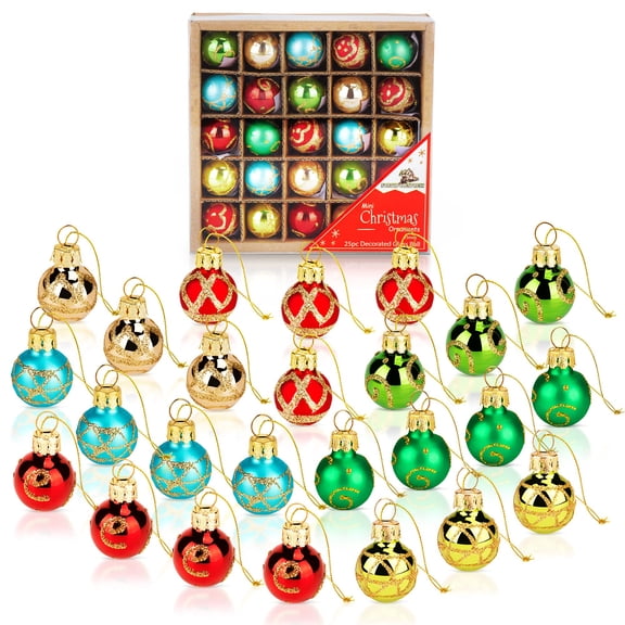 NorthPoleXpress 1" Mini Vintage Glass Ball Christmas Ornaments, Set of 25, Red Blue Gold