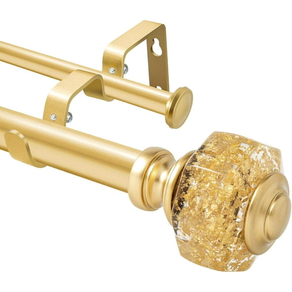 1 Inch Modern Gold Double Curtain Rod with Octagonal Crystal Finial, Tension Mount Adjustable 48 to 84 Inches, for Living Room & Bedroom