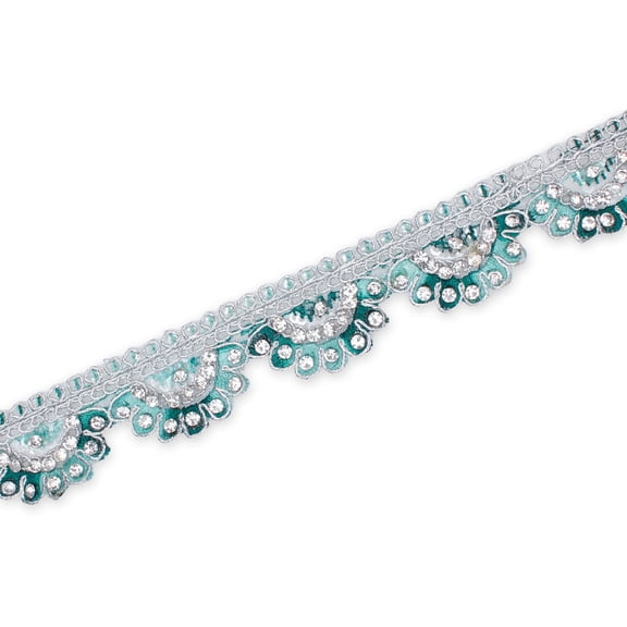 1 Inch Rhinestone Metallic Cording On Scalloped Embroidered Trim for Sewing, Costumes, Crafts, and Décor – Sold by the Yard (Aqua, 1 Yard)