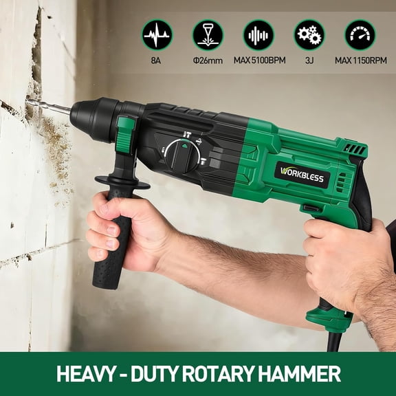 1 Inch SDS-Plus Rotary Hammer Drill, 8Amp, 3.0J 4 Functions Variable Speed Hammer Drill with Safety for Concrete Demolition Chipping,3 Drill Bits, 2 Chisels, 1 Adapter