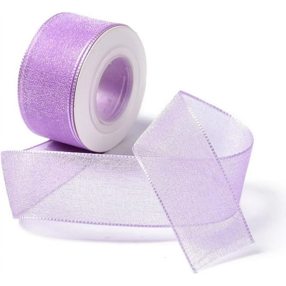 1 Inch Sheer Light Purple Ribbon Organza Transparent Clear Ribbon Wired Mesh Chiffon Fabric Ribbons Bulk Roll with Spool for Sewing Making Craft Flower Bouquet Wreath Wedding Birthday Supply DIY
