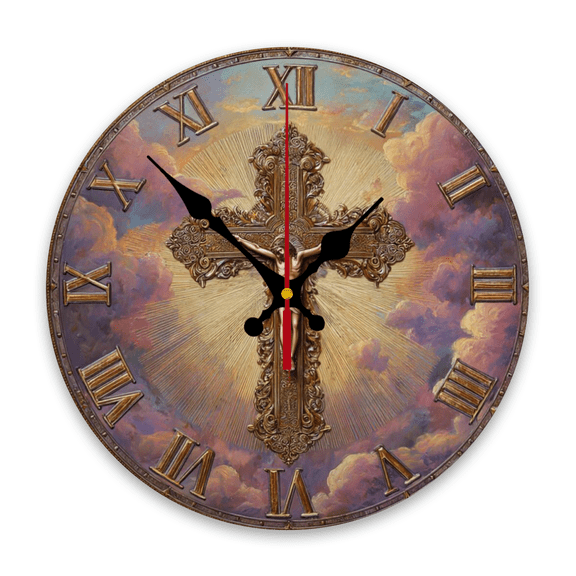This Is a 1-Inch Silent Wooden Wall Clock Featuring a Oil Painting of a Religious Cross. It Operates on Batteries (AA Not Included) And Is Perfect for Various Settings Such As Homes, K