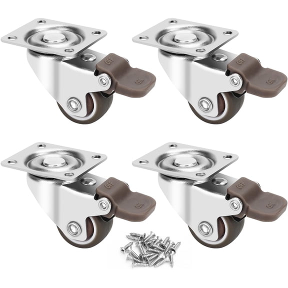 1 Inch Small Caster Wheels, 100lbs Load Capacity Low Profile Swivel Casters Set of 4, TPE Rubber Furniture Wheels with Brakes, Plate Mounted Mini Wheels for DIY Projects, Brown, 16 Screws.