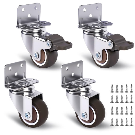 1 Inch Small Caster Wheels Set of 4, L-Bracket Casters Low Profile Side Mount Casters, Swivel Rubber Castors for Furniture, Underbed Drawer, DIY Project, Capacity Lbs: 97 Lbs (with 2 Brakes)