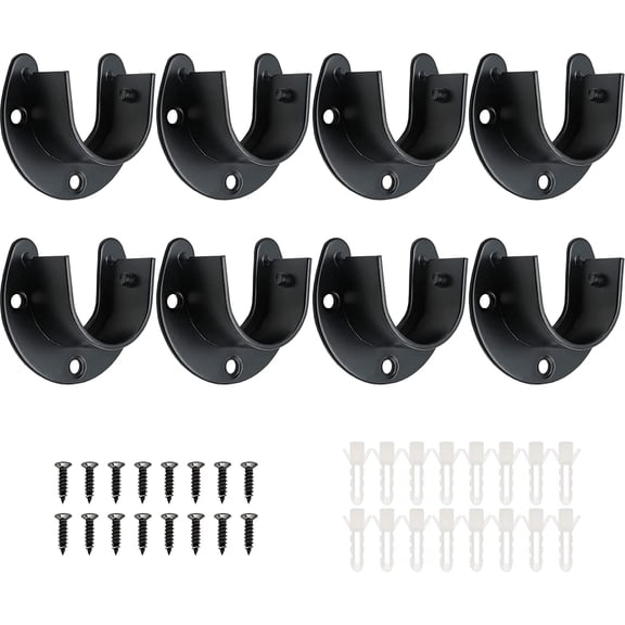1-Inch Stainless Steel Closet Rod End Supports, Heavy Duty U-Shaped Wardrobe Pole Sockets, 8 Pack, Black